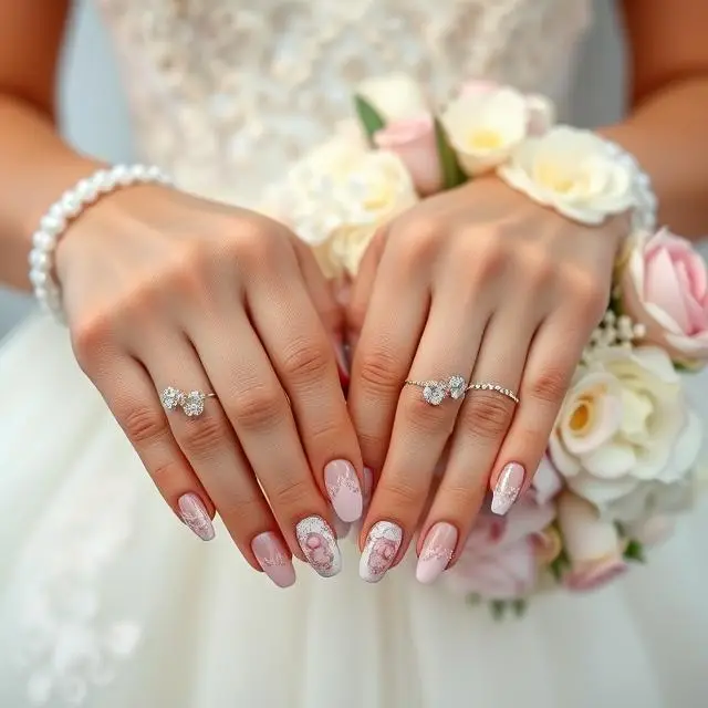 A bride’s hands featuring exquisite bridal nail art designs with floral patterns and rhinestone embellishments.