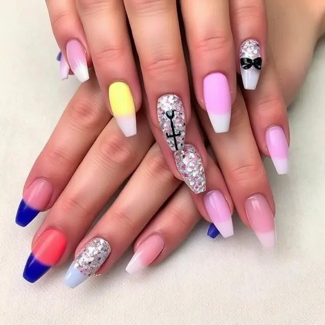 A model’s hands showcasing trendy and modern nail art designs, including ombré, 3D, and acrylic styles.